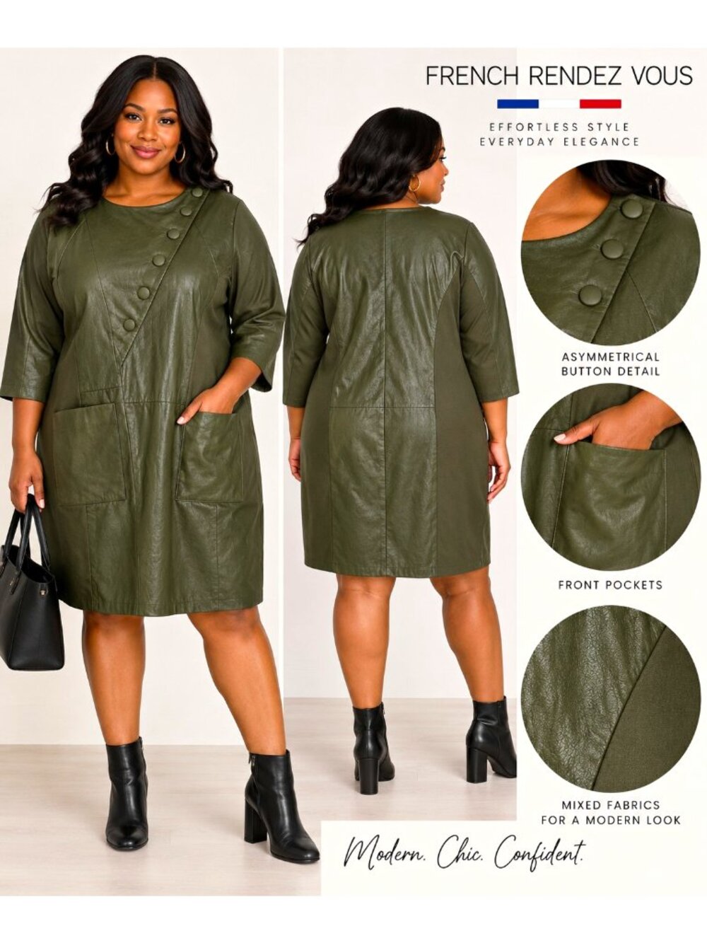 French Rendez Vous 1X Olive Faux Leather Dress Lagenlook Avant Garde Art to Wear
